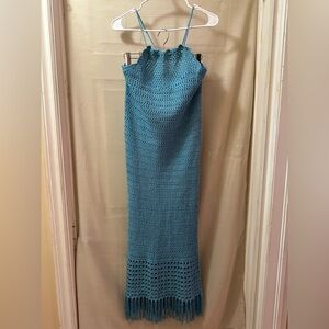 Fashion Nova Turquoise Crochet Maxi Dress Fringe Tassel Boho Size L Adjustable